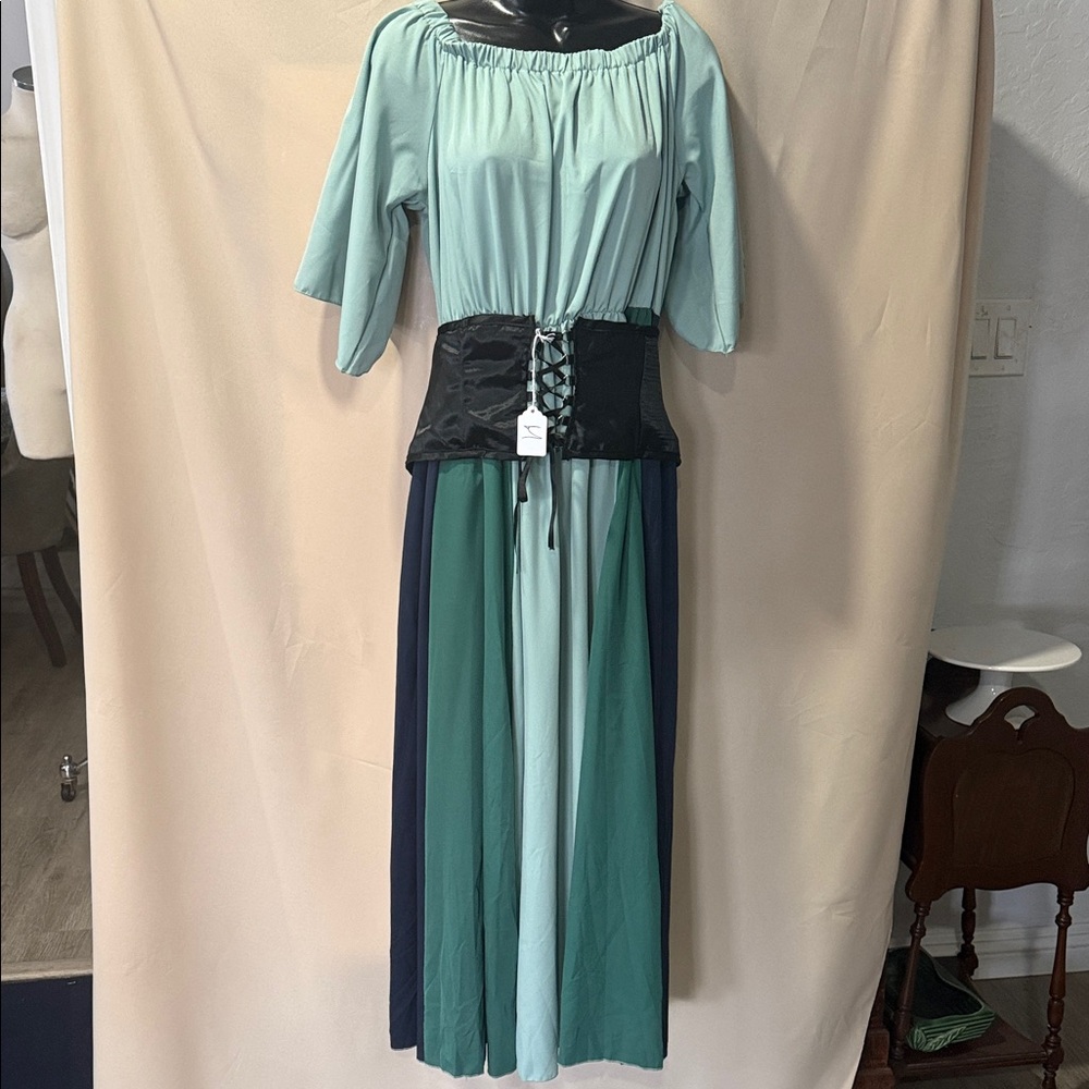 Renaissance Green/blue Colorblock Maxi Dress with Corset Waist